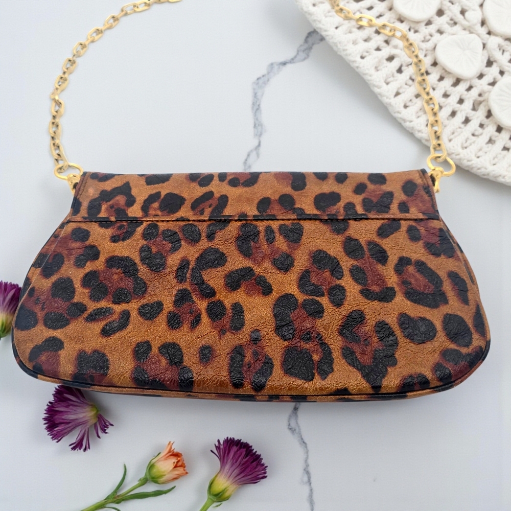 Tory Burch Ainsley Leopard Print Patent Leather Clutch Crossbody Gold Logo Bag - Picture 14 of 17